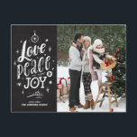 Script Chalkboard Love Peace and Joy Lettering Feiertagspostkarte<br><div class="desc">Love,  peace and joy. Send holiday greetings and wishes to family and friends with this rustic Christmas postcard. It feys a rustic chalk script with an Chalkboard background. Personalize by adding fotos,  Names,  Botschaften und Addresses. This rustic Christmas foto postcard is perfect for this holiday season.</div>