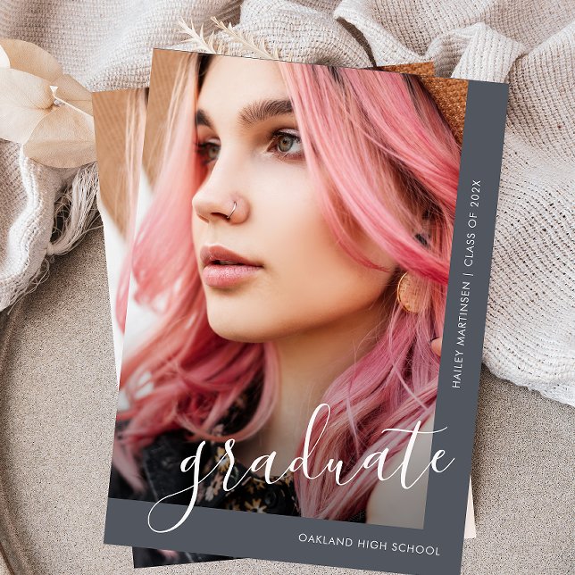 Script chic Deux photo Blue Graduation Faire-part (Créateur téléchargé)