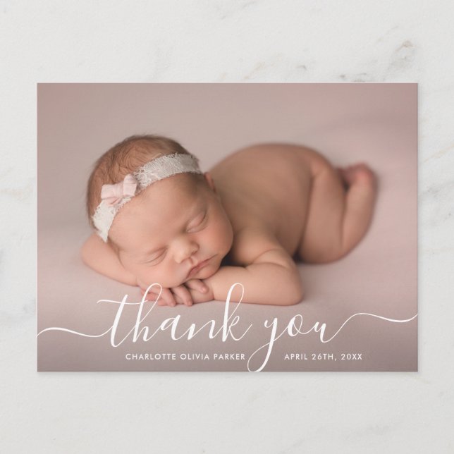Script Danke Foto Overlay Baby Birth Ankündigungspostkarte (Vorderseite)