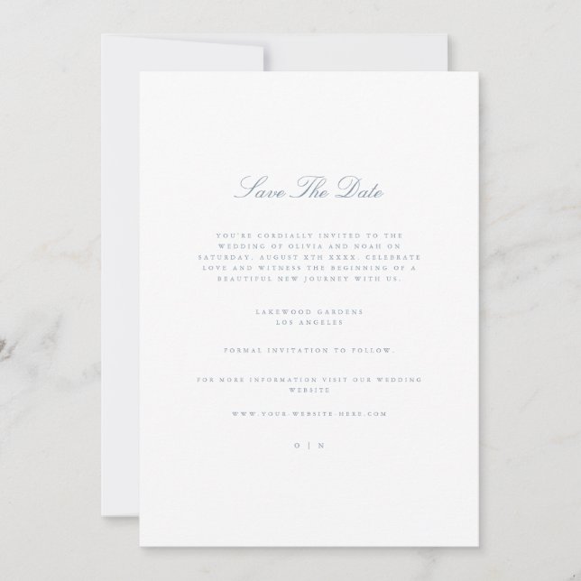 Script Dusty Blue & White Save the Date Card Ankündigung (Vorderseite)