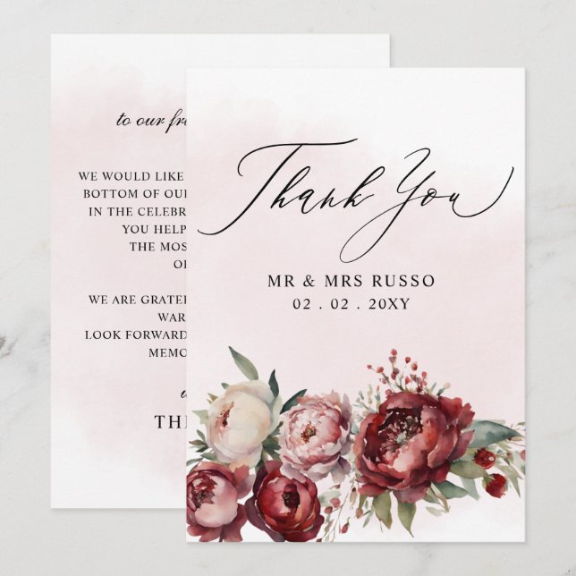 Script Elegant Burgundy Blush Floral Wedding Dankeskarte (Vorne/Hinten)