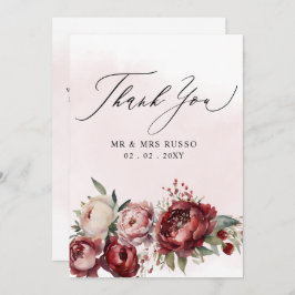 Script Elegant Burgundy Blush Floral Wedding Dankeskarte