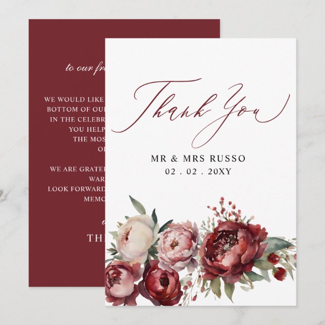 Script Elegant Burgundy Blush Floral Wedding Dankeskarte (Vorne/Hinten)