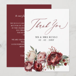 Script Elegant Burgundy Blush Floral Wedding Dankeskarte