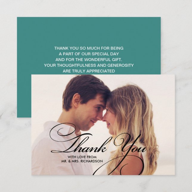 Script élégant | CARTE PHOTO MARIAGE MERCI TURQUOI (Devant / Derrière)
