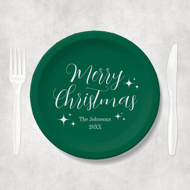 Script Elegant Green Custom Frohe Weihnachts-Party Pappteller (Elegant Green Merry Christmas Party Paper Plates
)