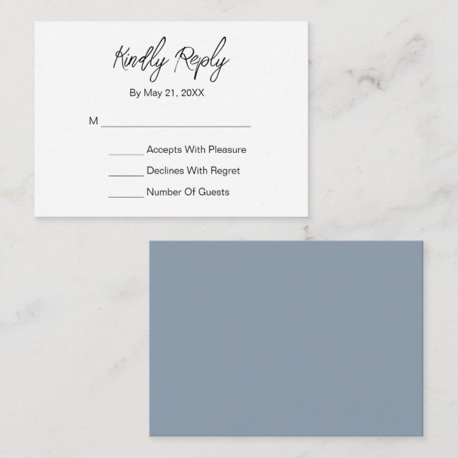 Script élégant moderne Dusty Blue blanc carte RSVP (Devant / Derrière)
