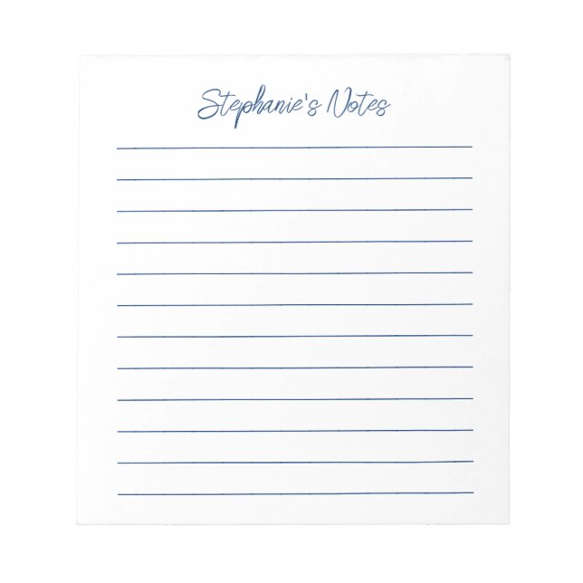  Script Elegant Navy Blue Lined Personalized Notizblock (Vorderseite)