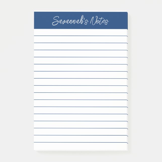 Script Elegant Navy Blue Lined Personalized Post-it Klebezettel (Vorderseite)