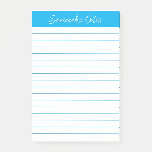 Script Elegant Sky Blue Lined Personalized Post-it Klebezettel (Vorderseite)