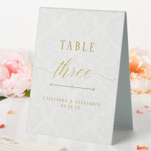 Script Elegant White Lace Gold 3 Drei Hochzeiten Tischaufsteller (In Situ (Hochzeit))