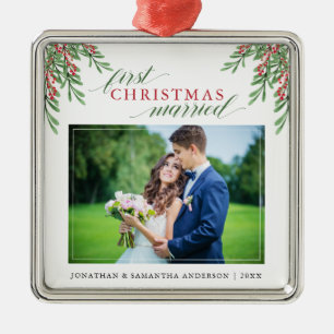 Script Erste Weihnachtszeit Verheiratetes Foto Ornament Aus Metall