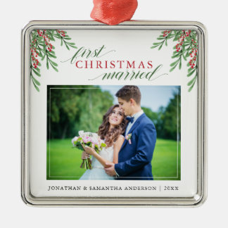 Script First Christmas Married Foto Ornament Aus Metall