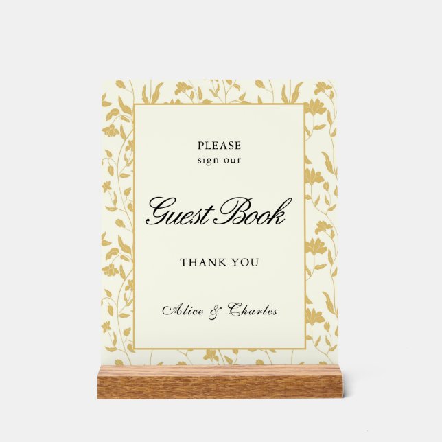 Script Floral Creme and Gold Guest Book Sign Acrylschild (Vorderseite)