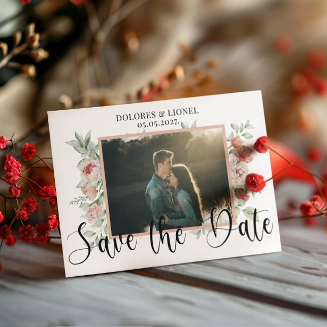 Script Floral Foto Wedding Save the Date Postkarte (Von Creator hochgeladen)