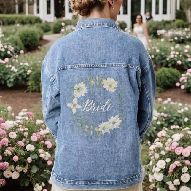 Script floral ivoire moderne mariée personnalisée (Floral Bride Denim Jean Jacket)