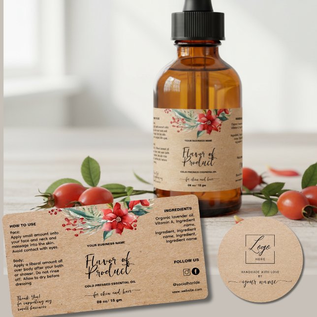 Script Floral Kraft Tropfflaschenetikett (Von Creator hochgeladen)