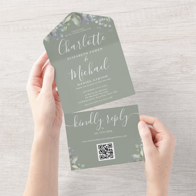 Script Floral QR Code Sage Green Wedding All In One Einladung (Abreißen)