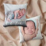 Script Foto Baby Birth Stats Ankündigung Kissen<br><div class="desc">Modernes,  elegantes Foto-Baby-Geburt-Kissen zur Einführung Ihres wunderschönen Neugeborenen. Auf der Vorderseite steht ein Foto Ihres Babys,  ein schicker Goldtext und ein schwarzer Text für den Namen Ihres Babys und die Geburtsdaten,  auf der Rückseite ein zweites Foto. Ein schöner Sake um Ihre neue Ankunft zu feiern! Entwickelt von Thisisnotme©</div>
