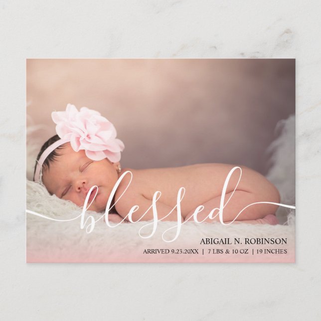 Script gesegnet Baby Girl Foto Pink Ankündigung P Postkarte (Vorderseite)