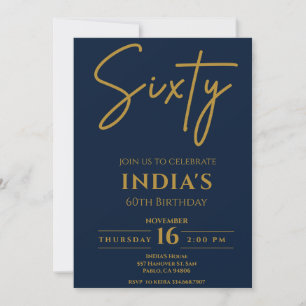 Script Gold & Blue 60th Birthday party Invitation