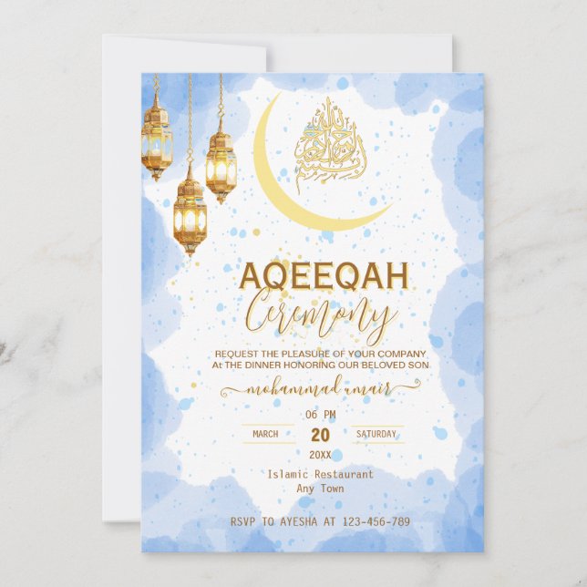 Script gold crescent Baby Boy Aqiqah Invitation (Devant)