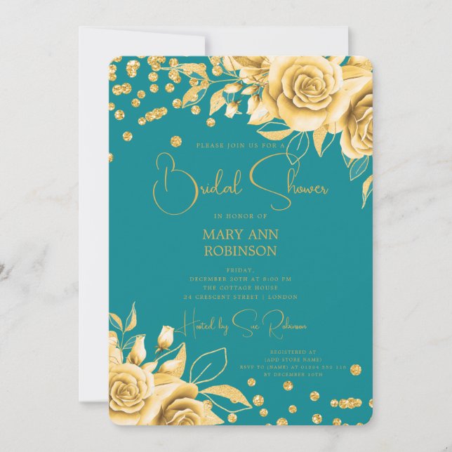 Script Gold Floral Glitzer Brautparty Aquamarin Einladung (Vorderseite)