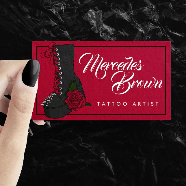 Script gothique Boot rouge tatouage Artiste Carte  (Gothic Script Boot Red Tattoo Artist Business Card)