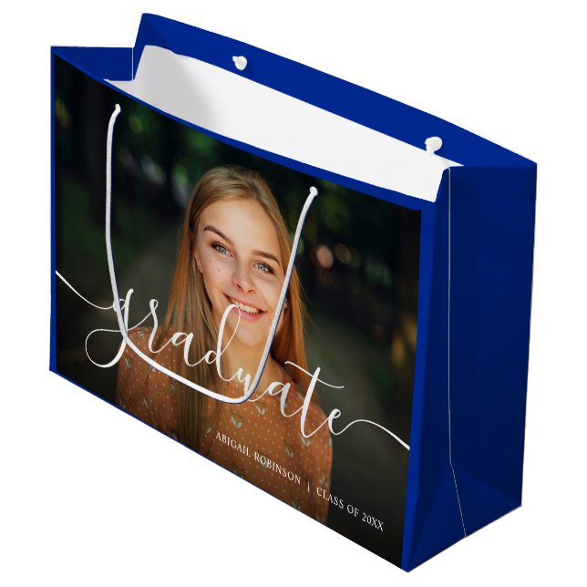 Script Graduate Abschluss Foto Blue Große Geschenktüte (Vorderseite Schrägansicht)