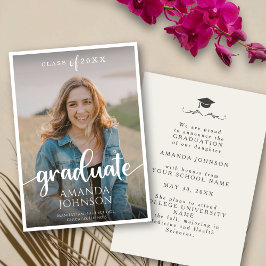 Script Graduate Beige White Foto Abschluss Ankündigung