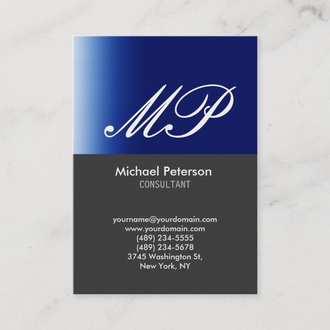 Script Gray Blue Strip Monogram Business Card Visitenkarte (Vorderseite)