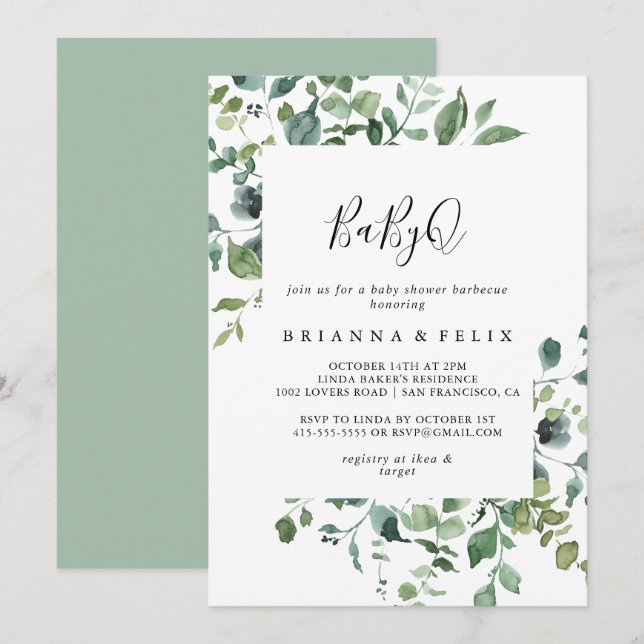 Script Green Foliage BabyQ Babydusche Barbecue Einladung (Vorne/Hinten)