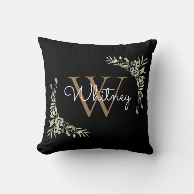 Script Greenery Floral Black Gold Initial Monogram Kissen (Vorderseite)