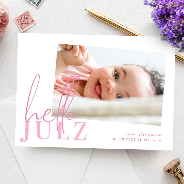 Script Hallo Name Pink Minimalistisches Foto Baby  (Von Creator hochgeladen)