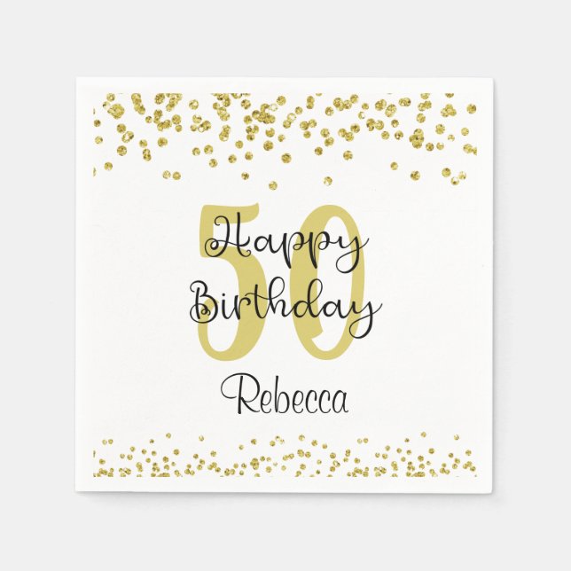 Script HAPPY 50. BIRTHDAY Name Gold Glitzer Serviette (Vorderseite)