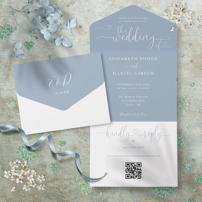 Script Hearts Dusty Blue QR Code Hochzeit All In One Einladung (Script Hearts Dusty Blue QR Code Wedding All In One Invitation)