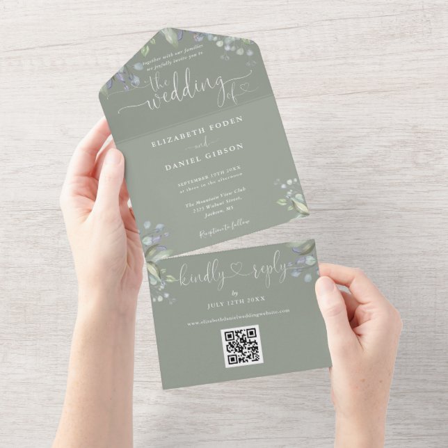 Script Hearts floral QR Code Sage Green Wedding All In One Einladung (Abreißen)