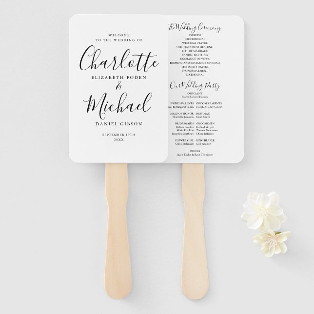 Script-Hochzeitsprogramm für Schwarz und Weiß Fächer (Vorne und Hinten)