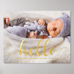 Script Letting "Hello" Baby Foto Foliendrucke<br><div class="desc">Herzlich willkommen in unserem neuen Bundle voller Freude mit unserem Script Lettering Hello Baby Foto Foil Prints, exklusiv auf Zazzle erhältlich! Dieses wunderschöne und individuell gestaltbare Poster zeichnet sich durch seine elegante Schrift aus, die den Zauber von "Hello Baby" in einem auffallenden Goldfolieneffekt verleiht. Sie können sogar Ihr eigenes Foto...</div>