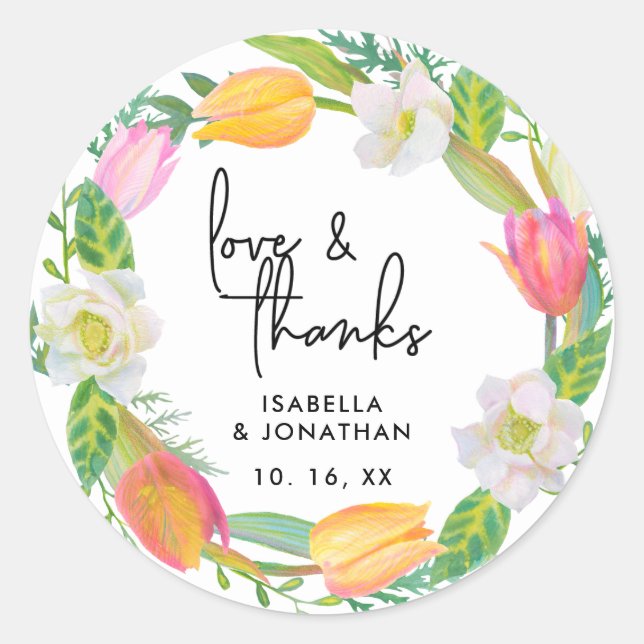Script-Liebe & Dankeschön Hochzeit Pink Tulip Flor Runder Aufkleber (Vorderseite)
