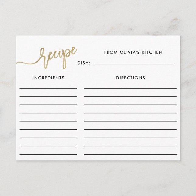 Script manuscrit Faux Gold | Carte de recette (Devant)