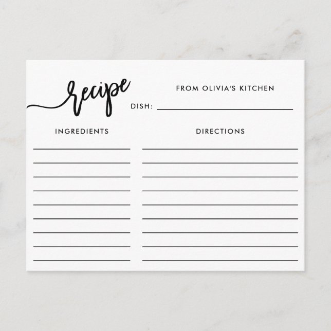 Script manuscrit noir et blanc| Carte Recette (Devant)