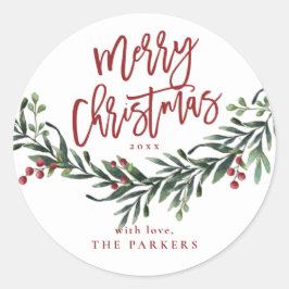 Script Merry Christmas Greenery Runder Aufkleber
