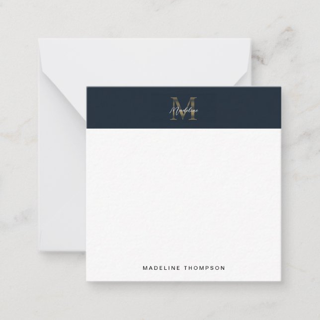 Script Metallic Navy Gold Monogram Square Mini Mitteilungskarte (Vorderseite)