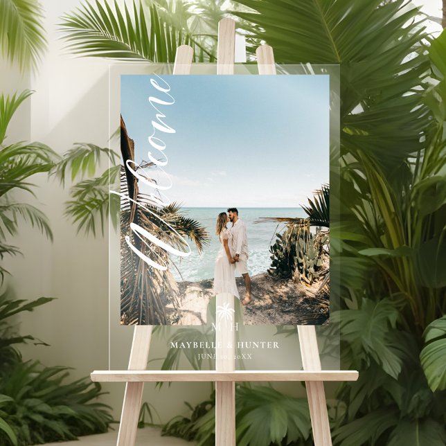 Script minimal Accueil Mariage photo Palm Monogram (Minimal Script Welcome Wedding Photo Palm Monogram Acrylic Sign)
