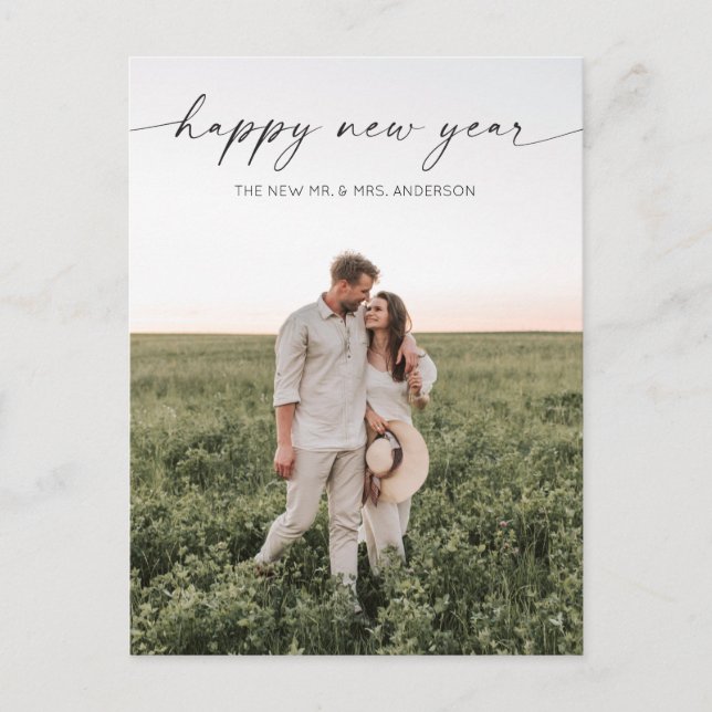 Script Minimalistisch Happy New Year Holiday Foto Postkarte (Vorderseite)