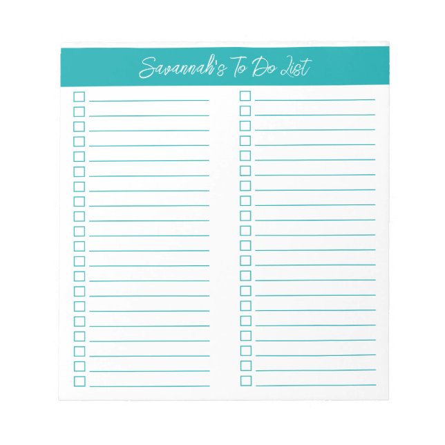 Script Modern Elegant Teal Two Column Checklist Notizblock (Vorderseite)