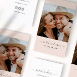 Script Modern Typography Photographer Blush Pink Visitenkarte<br><div class="desc">Modern and professional photography business cards featuring your photo with trendy minimalist script typography. Add your contact information to the back. Includes three social media icons and a field for your username.</div>