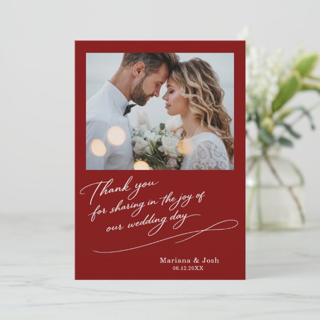Script Modern Wedding 2 Photos Thank You Card Dankeskarte (Stehend Vorderseite)