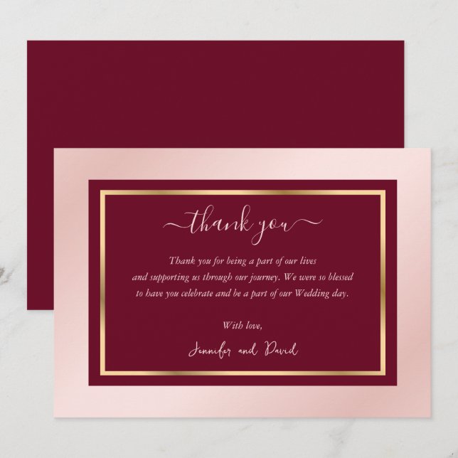 Script moderne Burgundy Blush Gold Carte de remerc (Devant / Derrière)